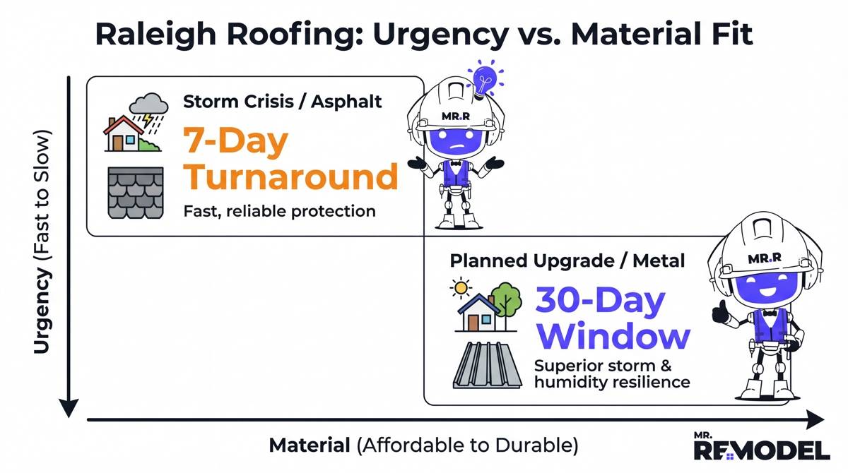An infographic matrix matching Raleigh homeowner urgency (storm damage vs. planned upgrade) with the ideal material choice and installation timeline (7 days vs. 30 days).